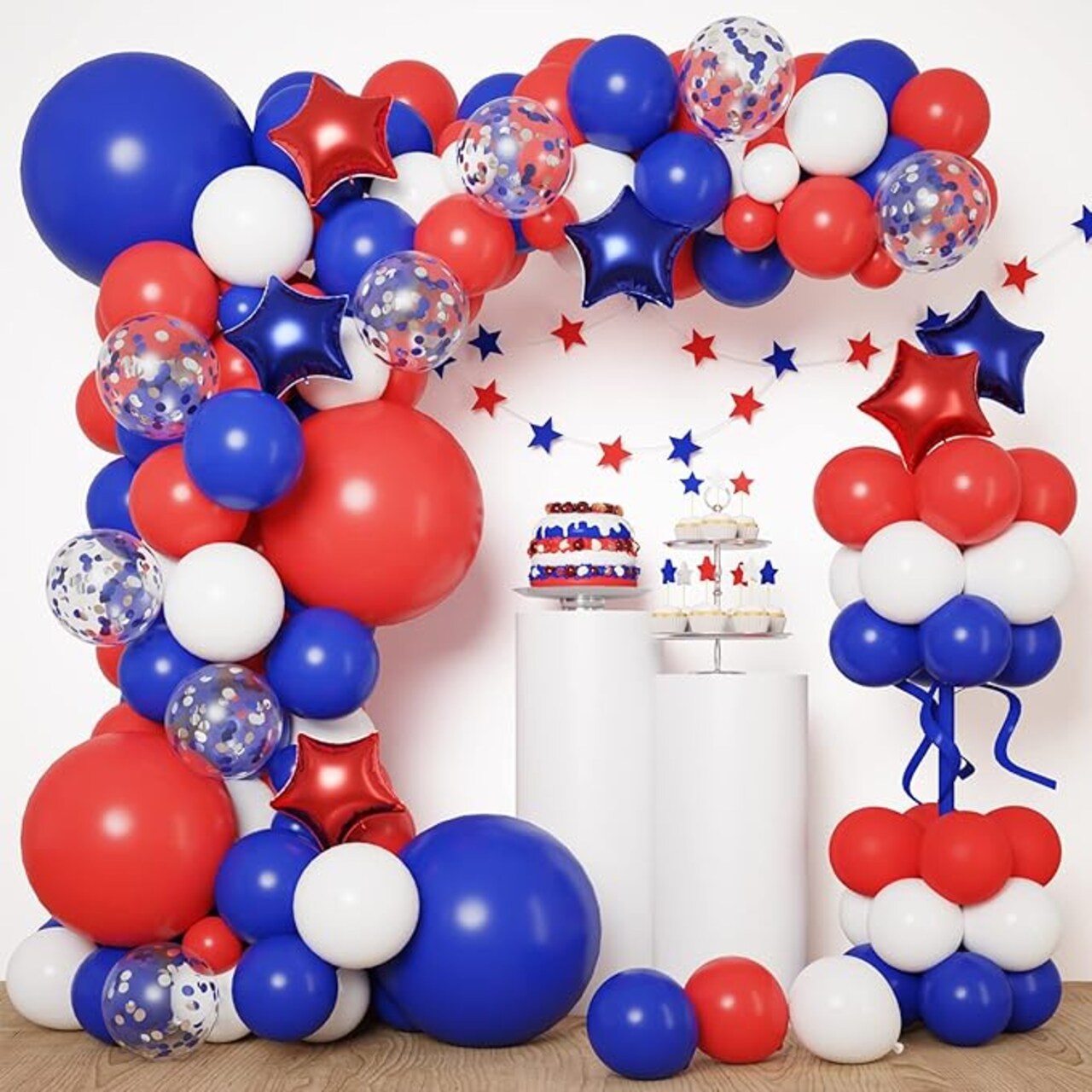 Red White and Blue Balloons Arch Kit, 4th of July Balloons Patriotic Decorations, Birthday Wedding Nautical Baseball Theme with Star Foil Balloons Decorations, 160pcs